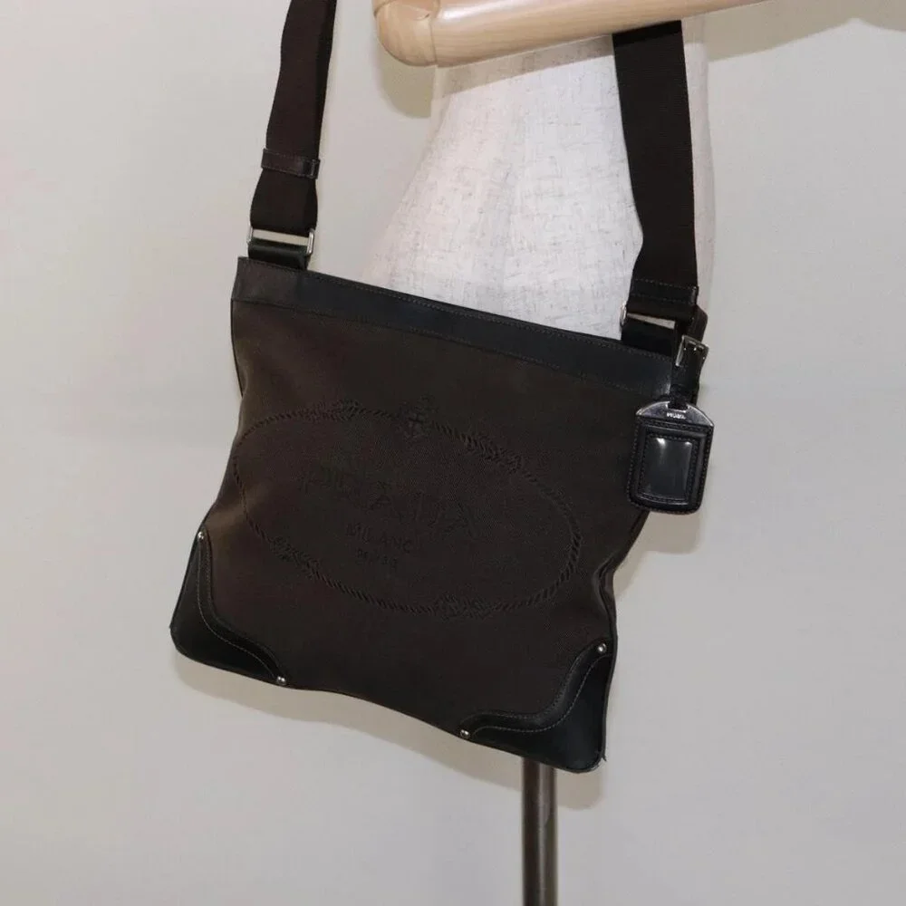 PRADA Shoulder Bag Canvas Leather Brown Silver Auth - Picture 14 of 16